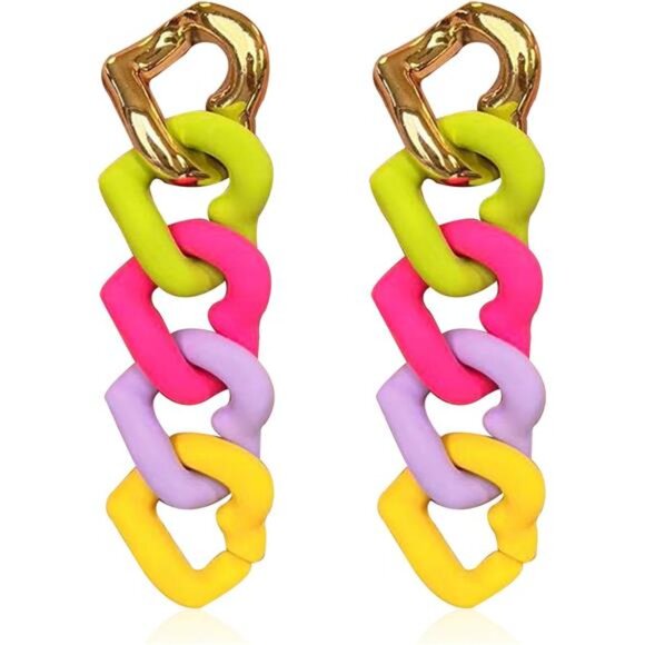 Funky Heart Rainbow Earrings | Extra Long Link Chain Dangle, Colorful Geometric - Picture 1 of 5
